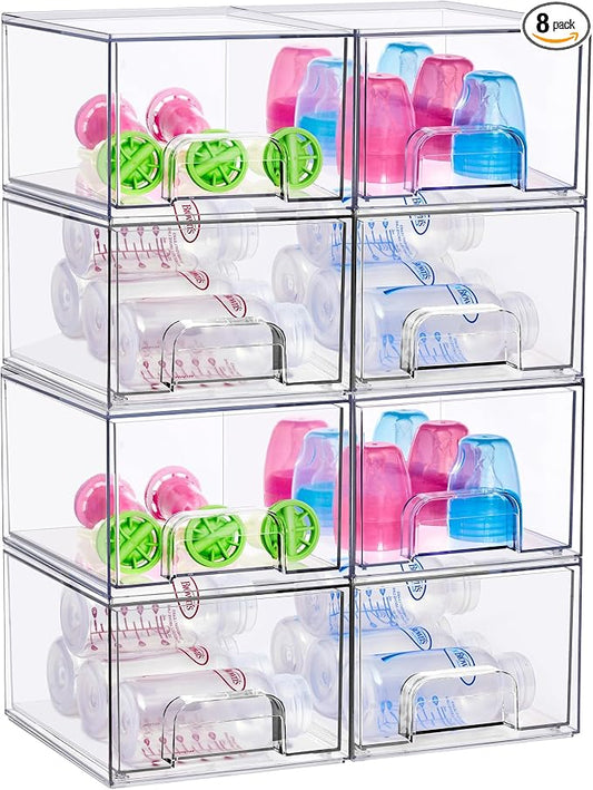 Sorbus Clear Stackable Baby Bottle Organizer Bins – 8 Pack Modular Plastic Storage Containers for Baby Bottles, Nipples, Caps, Pacifiers, Pantry, Kitchen, Cabinet, Nursery & Countertop Organization by Sorbus