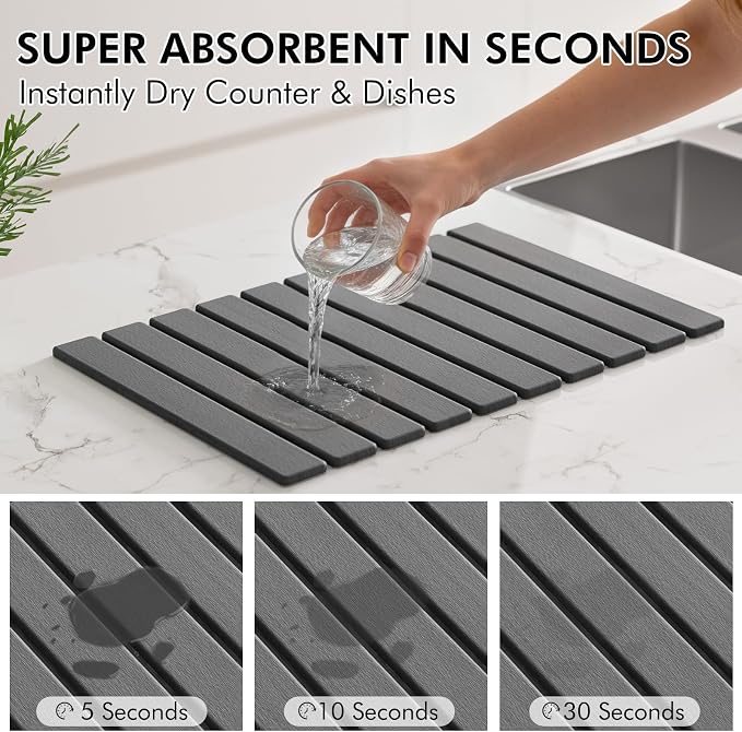 4 Pcs Stone Dish Drying Mat for Kitchen Counter, 24''x16'' Super Absorbent Diatomaceous Earth Stone Drying Mat Faucet Mat with 2 Coasters, Quick Dry Mat for Kitchen Counter Dishes Cups - Image 3