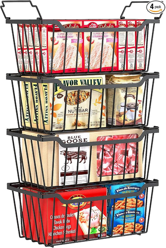 SUNALLY Freezer Organizer Bins, 4 Pack Stackable Chest Freezer Organizer for 5-7 Cu.FT Deep Freezer Sort Frozen Meats and Food, Freezer Storage Baskets with Handles Easy Reach from Bottom, Black | Chest Freezer Organizer for 5-7 Cu.FT Deep Freezer to S... by SUNALLY