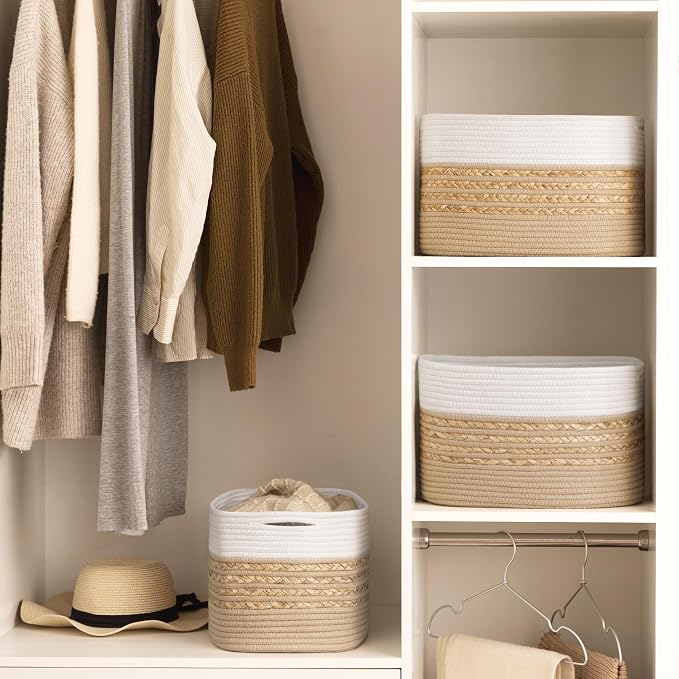 UBBCARE 4 Pack Baskets for Organizing, Woven Storage Baskets for Toys and Towel, Rectangle Cotton Rope Basket with Handles, 14''L x 8''W x9''H, Brown - Image 6