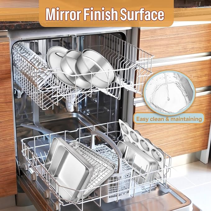 E-far 10-Piece Baking Pans set, Stainless Steel Bakeware Set for Oven, Include Cake Pan/Baking Cookie Sheet/Pizza/Muffin/Loaf Pan, Non-Toxic & Heavy Duty, Dishwasher Safe - Image 6