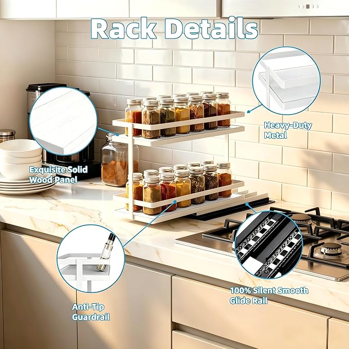 Pull Out Spice Rack 2-Tier Metal & Wood Seasoning Organizer White | No-Drill Install | Full-Extension Silent Glide | Each Tier Holds 10–12 Standard Spice Bottles | Rustproof, Wipe-Clean Surface - Image 4