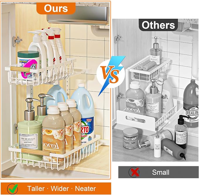 Under Sink Organizer, White 2 Pack Height Adjustable | 2 Tier Pull Out Drawer, Under Sink Organizers and Storage, Cabinet Storage for Kitchen Bathroom - Image 4