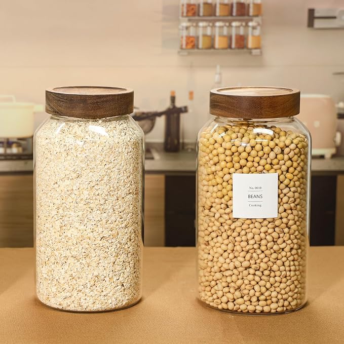 KEYWING 88oz Glass Jars w/Acacia Lids for Flour & Sugar Storage Containers | 3Pcs Large Airtight Food Storage Containers , Pantry Organizers for Rice, Pasta, Cereal, Cookies –88 fl.oz with 126 Labels - Image 4