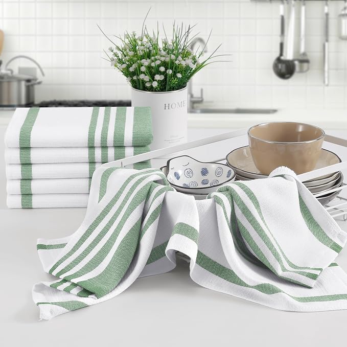 Homaxy Premium Cotton Stripe Kitchen Towels 8 Pack, 18"x 28", Grass Green | Large 380 GSM Kitchen Hand Towels, Soft Terry Dish Towels, Highly Absorbent Tea Towel Set with Hanging Loop - Image 5