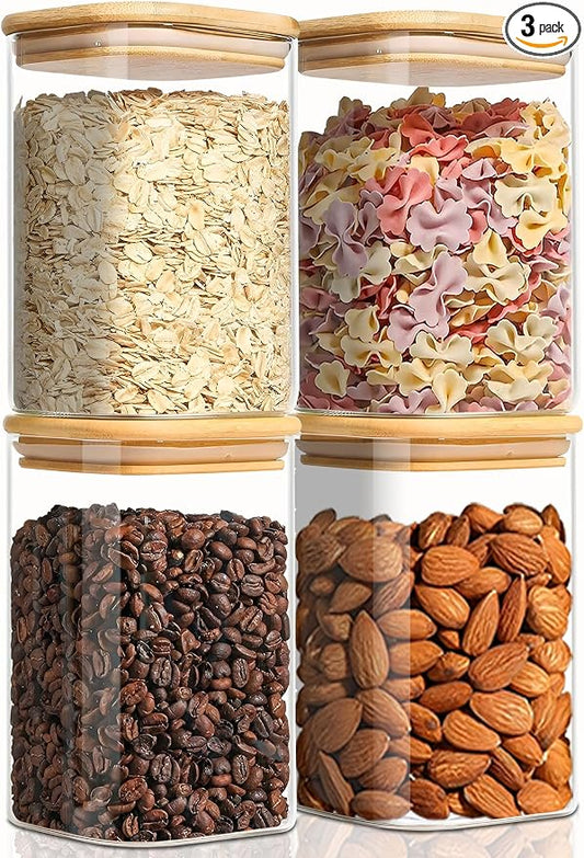 VIEWELLD 1.2 Qt Square Glass Storage Containers with Lids, glass jar with airtight lid, Glass Canister for Pantry Cookie Cereal Rice Sugar Tea Coffee Beans Spice, Square Set of 4 by VIEWELLD