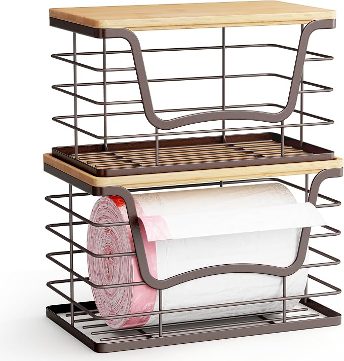 ALOCEO 2 Pack Stackable Wire Storage Basket with Bamboo Lid, Stainless Steel Extra Large Trash Bag Dispenser Roll Holder for Kitchen Sink, Laundry, Pantry Organizer and Storage, Brown - Image 5