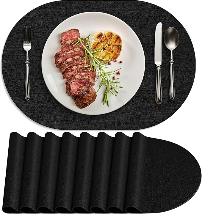 Placemats for Dining Table Set of 8 Non-Slip, Heat Resistant Oval Leather Placemat Double Layer, Waterproof Table Mats Easy to Clean for Kitchen Dining Room Coffee Office Table, Black by Delicateandelegantplacemats