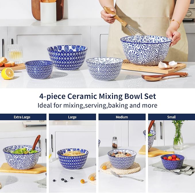 Selamica Ceramic Mixing Bowls, Nesting Bowls Set of 4 for Mixing, Baking, Prepping, Cooking, Salad, 20/36/60/123 oz, Microwave & Dishwasher Safe, Vintage Blue - Image 4