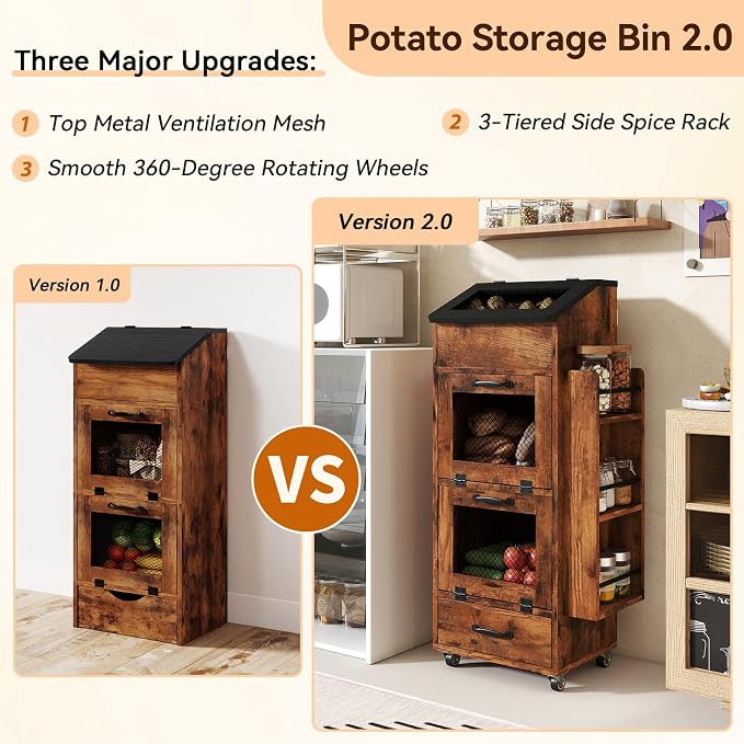 Verano Garden 16.0" Potato and Onion Storage Bin on Wheels, Bread Box | Fruit and Vegetable Organizer, Rolling, Side Rack, Flip-top, Mesh Doors, 4-Tier, Grocery Section, Ventilated, Wood, Kitchen - Image 7