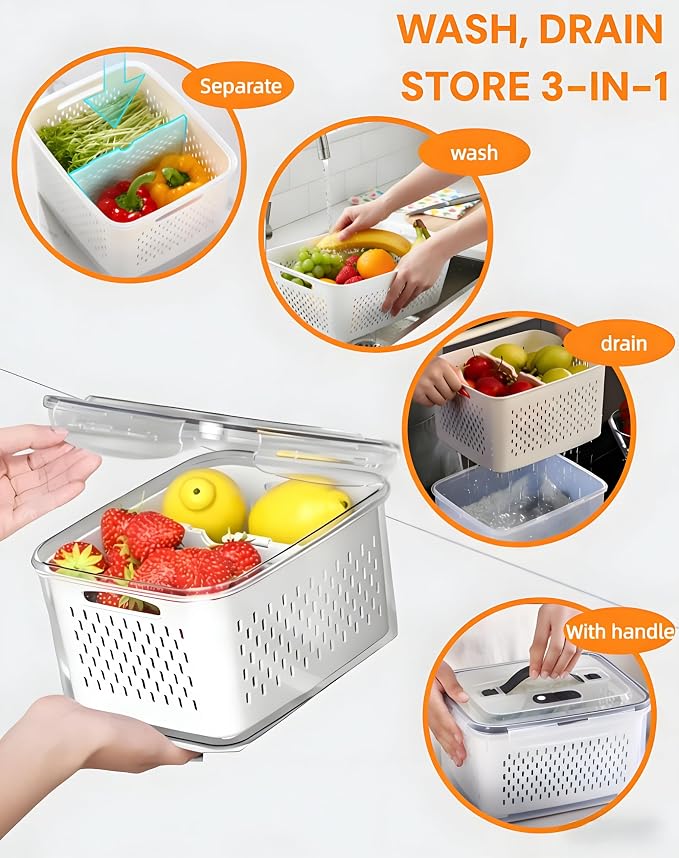 SnowSky 4PCS 2-in-1 Fruit & Veggie Fresh Box with Detachable Colander & Divider – Airtight Leak-Proof Fridge Storage Container with Lid for Berry, Meal Prep, Kitchen - Image 4
