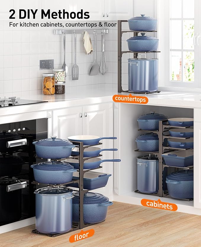 Pots and Pans Organizer Under Cabinet 20.8" 8-Tier Adjustable Bronze | 2 DIY Modes, Tool-Free Assembly, Max 120 Lbs, Fits Large Stockpots, Cast Iron Pans & Heavy Cookware, For Kitchen Cabinets - Image 5