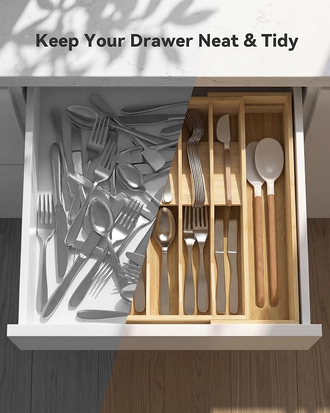 Expandable Utensil Drawer Organizer for Silverware,Bamboo 12 Slot | V-Groove & Anti-Slip Blocks, Vertical Storage,16.7" D x 13”-20" Wx 2.56" H, Cutlery Holder Dividers for Spoons Forks Knives - Image 5