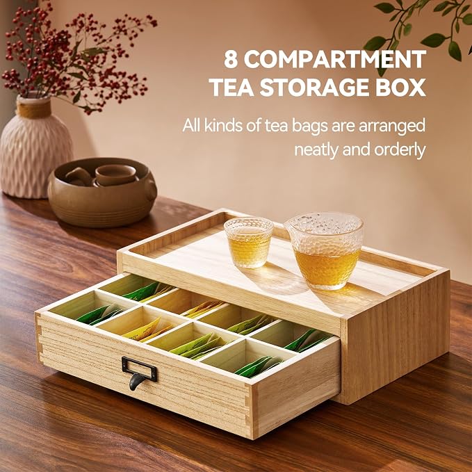 KIRIGEN Paulownia Wood Tea Storage Box, 8 Compartments, Natural CYG-NA | 8-Section Desk Cabinet Organizer with Metal Handle Stores Tea Bags, Sachets, Coffee Packets, Sugar, and Small Tea Accessories - Image 4
