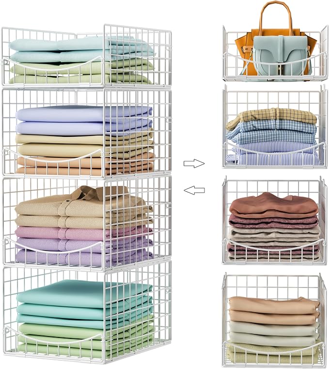 Hongtamoya 4-Tier Stackable Closet Organizers and Storage Shelves, Foldable & Mutifunctional Clothes Storage Basket Sweater Organizer Bins Container for Wardrobe Kitchen Office Bathroom, White by Hongtamoya