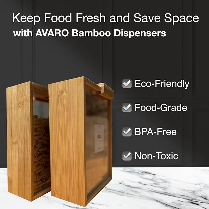 AVARO Food Dispenser – 2.2L Bamboo Cereal Dispenser Countertop & Rice Dispenser – Pantry Storage Containers for Kitchen Pantry & Pantry Organization – Cereal Dispenser & Flour Container (Set of 2) - Image 4
