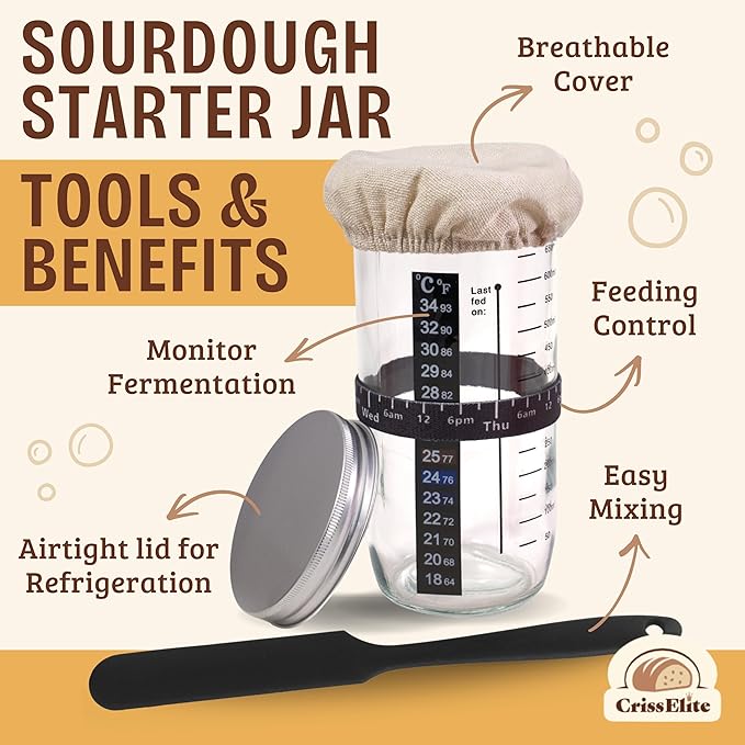 Sourdough Starter Kit – Complete Sourdough Bread Baking Supplies with 24oz Glass Sourdough Starter Jar, 9” Round & 10” Oval Banneton Proofing Basket Set, Sourdough Tools – Artisan Gift for Bakers - Image 3