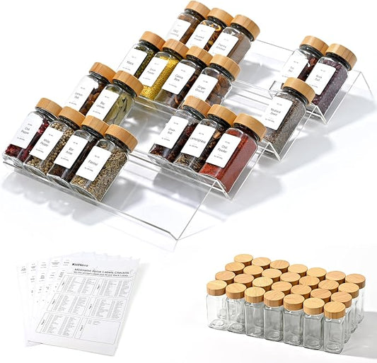 Acrylic Spice Drawer Organizer with 28 Spice Jars and 216 Labels,Non-slip Rubber, 4 Tier Spice Racks Tray Seasoning Containers for Kitchen Drawers,Cabinets,Countertops,13" Wide * 18" Deep by KitHero