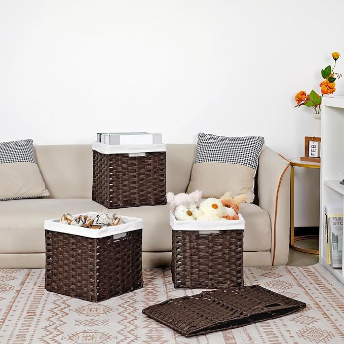 Bidtakay Wicker Cube Storage Bins with Liners 11x11 inch Woven Baskets for Organizing 4-Pack Waterproof Imitation Rattan Woven Cube Organizer with Handles for Pantry-Reddish Brown - Image 6