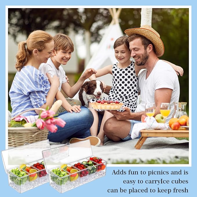 2 Pieces 5 Chilled Condiment Server with Hinged Lid Condiment Tray with Ice Chamber Cooled Compartment Container Caddy Organizer Removable Dishes for Salad Fruit Cheese Outdoor Party Bar Supplies - Image 6