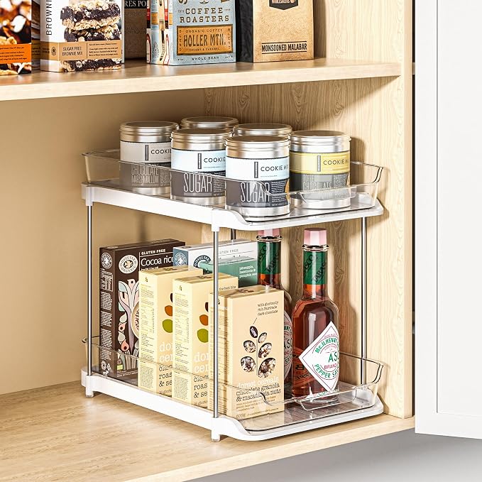 Delamu 2-Tier Multi-Purpose Bathroom Under Sink Organizers and Storage, Stackable Kitchen Pantry Organization, Pull Out Medicine Cabinet Organizer with Movable Dividers, White, 1 Pack - Image 3