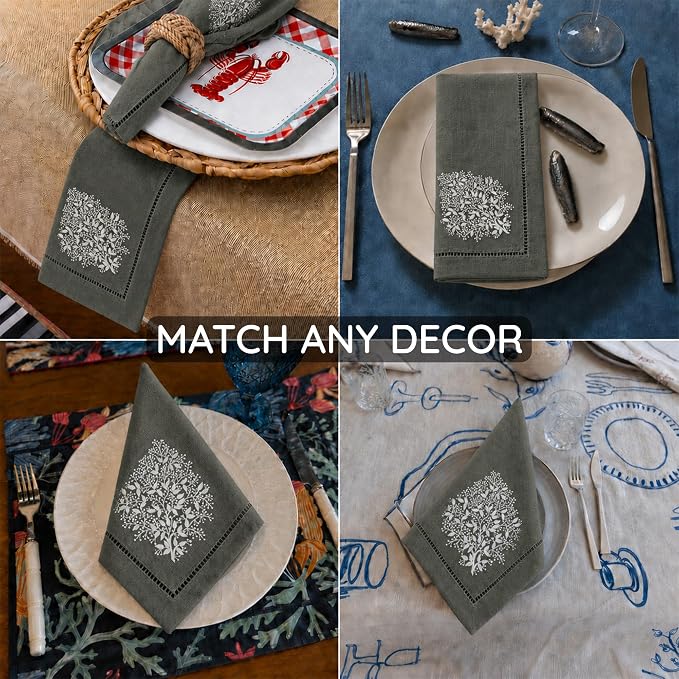 Cloth Napkins Set of 4, 20x20 inch, 100% Linen Hand Embroidered French Knot, Reusable & Machine Washable, Elegant Table Napkins for Dinner, Weddings, Parties (Pewter) - Image 6