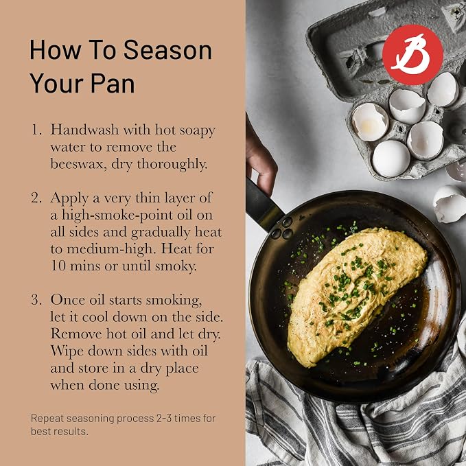 de Buyer MINERAL B Carbon Steel Omelette Pan - 9.5” Diameter, 7.7” Cooking Surface - Naturally Non-Stick Finish - Made in France - Image 3