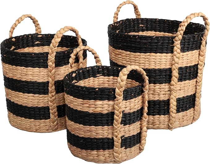 happimess Willow 3-Piece Nesting Hyacinth Baskets 19", Black/Natural | Handwoven, Rustic Cottage Stripe, Integrated Side Handles, Decorative Storage Containers, Living Room, Bedroom by Happimess