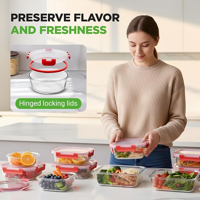 NutriChef 24-Piece Glass Food Storage Containers with Lids - 12 Stackable Heavy Duty Meal Prep Containers w/ 12 Airtight Lids - Microwave, Freezer, & Dishwasher Safe for Food, Snacks, & Fruit-(Red) - Image 2