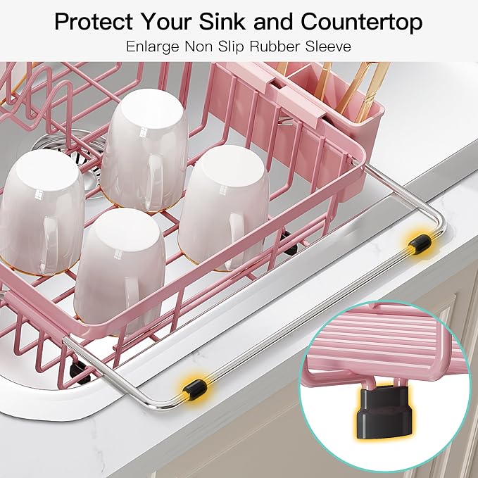 JASIWAY Pink Dish Drying Rack Over the Sink with Utensil Holder | Expandable Stainless Steel Dish Driainers for Small Kitchen, Counter Space Saving, Fast Drain, Rust Resistant, For Apartment - Image 7