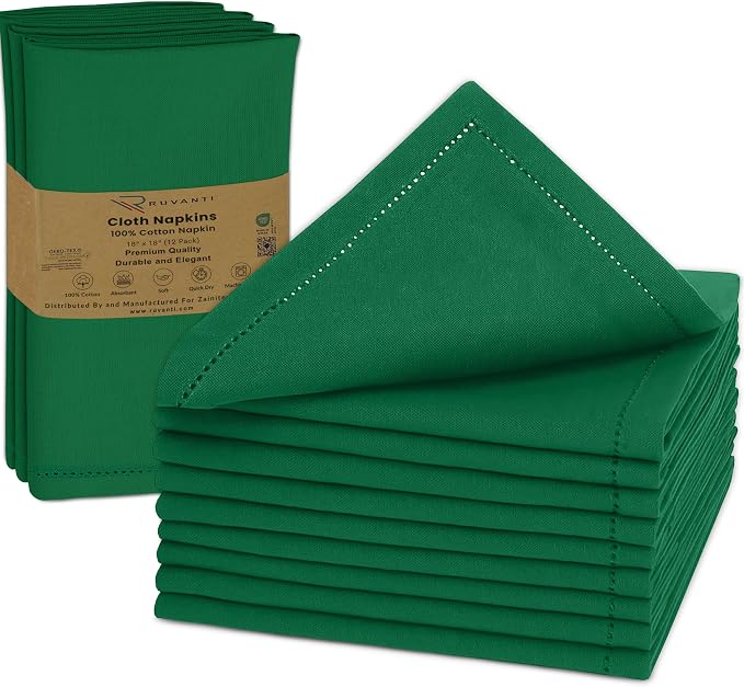 Ruvanti Cloth Napkins Set of 12, 100% Cotton High GSM 18x18 Inches, Hem Stitched Corners, Soft, Washable, Highly Durable & Absorbent, Perfect for Parties, Christmas, Thanksgiving Dinners – Amazon by Ruvanti