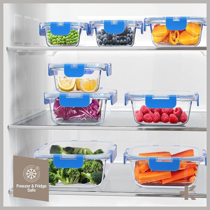 Bakken Borosilicate Glass Food Storage Containers with Lids 16 Pieces, BPA-Free Stackable Lunch & Leftover Containers, Microwave, Freezer & Dishwasher Safe, 100% Airtight Leak-Proof, Blue - Image 10