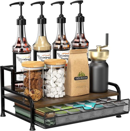 Coffee Syrup Rack Organizer, 3-Tier with 35 K-Cup Pod Holder Drawer | Black Metal Rack for 8 Syrup Bottles,Countertop Bottle Holder Stand for Wine,Space-Saving Design for Kitchen Cafe Station by PONEYA