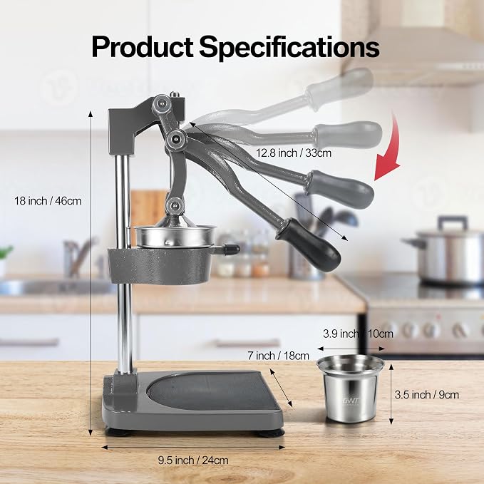 18 Inch Height Commercial Heavy Duty Cast Iron Hand Press Manual Orange Citrus Lemon Lime Grapefruit Pomegranate Fruit Juice Squeezer Machine with Stainless Steel Cup and Durable Base Grey - Image 7