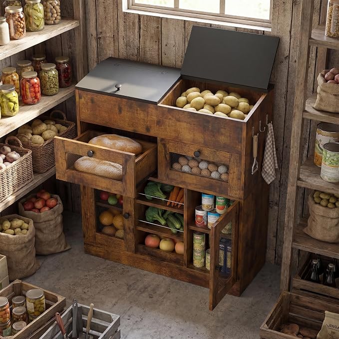 Wooden Potato and Onion Storage Bin with Lid, Potato Bin with 2 Mesh Drawers, 5-Tier Fruit & Vegetable Cabinet with Mesh Doors, Rustic Kitchen Organizer with Adjustable Shelves for Pantry (31.9") - Image 4