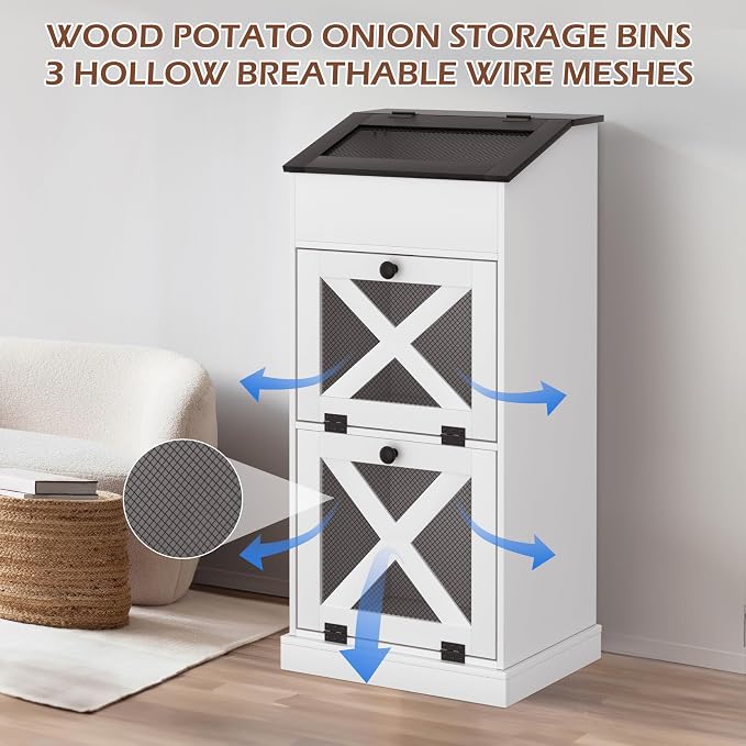 Wooden Potato and Onion Storage Bin w/Lid, Large Capacity and Ventilated Design, Ideal for Pantry, Kitchen White - Image 5