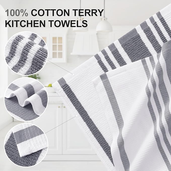 Homaxy Premium Cotton Stripe Kitchen Towels 6 Pack, 18"x 28", Grey | Large 380 GSM Kitchen Hand Towels, Soft Terry Dish Towels, Highly Absorbent Tea Towel Set with Hanging Loop - Image 2