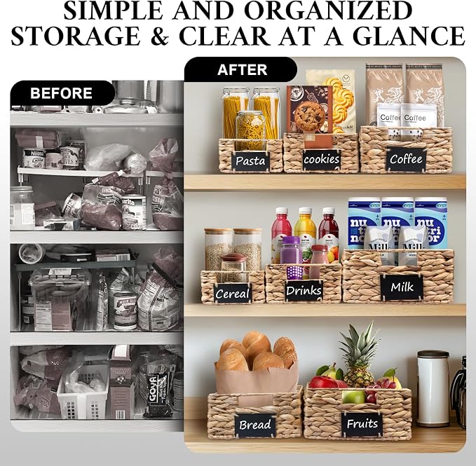 Set of 4 Sizes Hand-Woven Pantry Shelf Baskets, Hyacinth Storage Baskets with Chalkboard Labels & 2 Chalk Markers, Wicker Nestable Shelf Basket Set for Organizing Pantry Laundry Shelves - Image 6