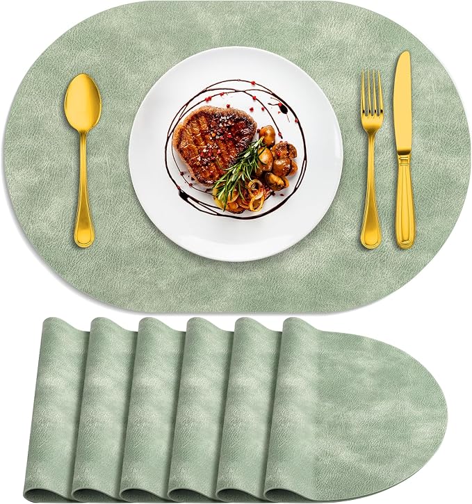 ADRIMER Placemats, Heat Resistant Oval Placemats Set of 6 Washable 12 x 17 Inch, Waterproof Table Mats, Wipeable Pu Place Mats for Kitchen, Dining Room, Green by Adrimersdreamistobeanindispensablecompanioninyourlife