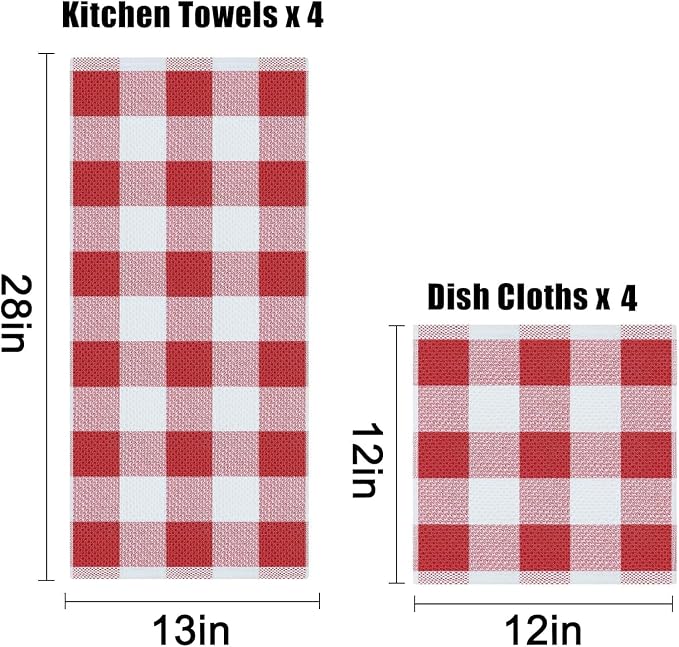 Homaxy Kitchen Towels and Dishcloths Set, Set of 12, White & Red | Bulk Cotton Waffle Weave Check Plaid Kitchen Towels, Super Soft and Absorbent Dish Cloths, 12 x 12 and 13 x 28 Inches - Image 3