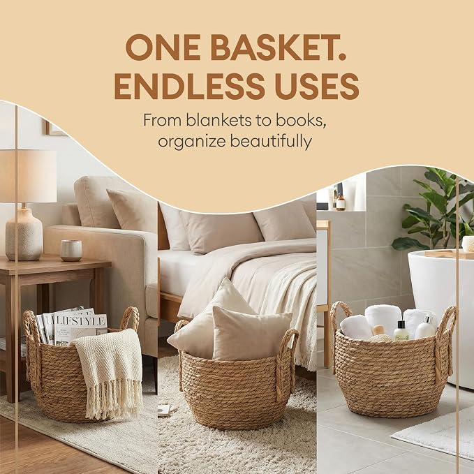Decorative Wicker Basket for Blankets, Round Woven Storage Bin 13" x 9.25" with Braided Handles for Living Room, Bedroom & Bathroom - Throw Blanket Basket for Towels, Toys, Pillows - Vintiquewise - Image 5