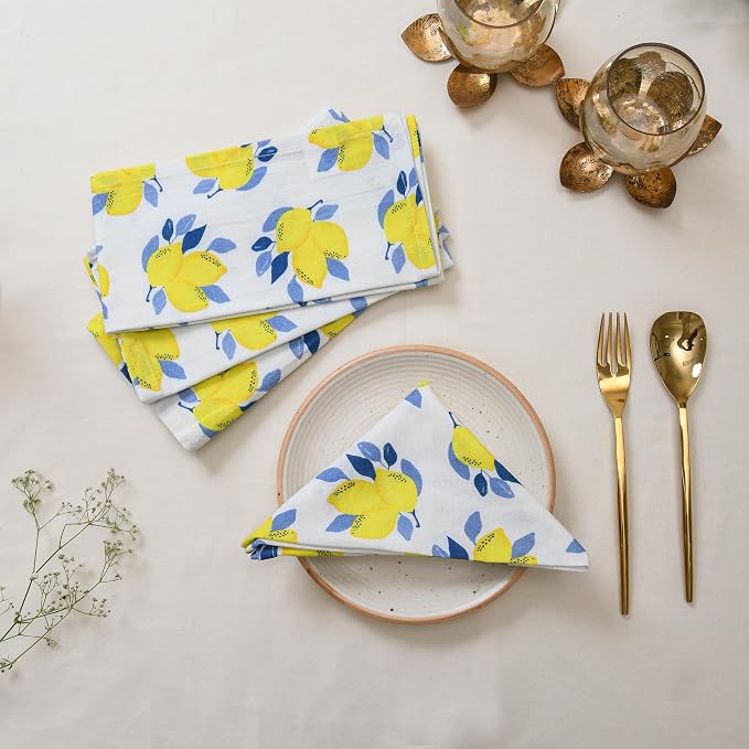 Printed Cotton Cloth Napkins Fall Dinner Napkin Set Reusable Machine Washable Fabric for Gifting, House Party Events, Home Decor, Craft - 18"x18" - Set of 4 - Lemon Print by TARANLIVING