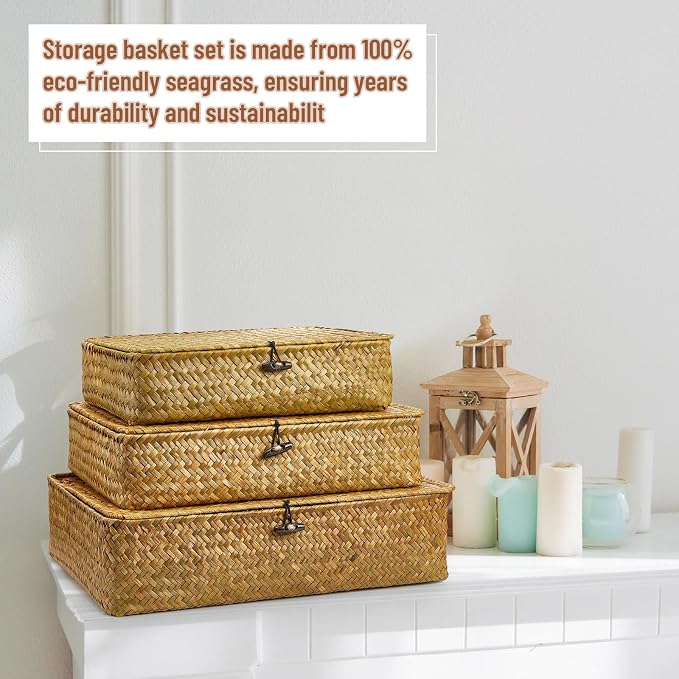 Didaey Set of 4 Seagrass Basket with Lid Wicker Storage Basket Decorative Storage Boxes with Lids Flat Storage Bins Woven Organizer Baskets for Shelf Closet Bedroom, 4 Sizes (Yellow) - Image 5