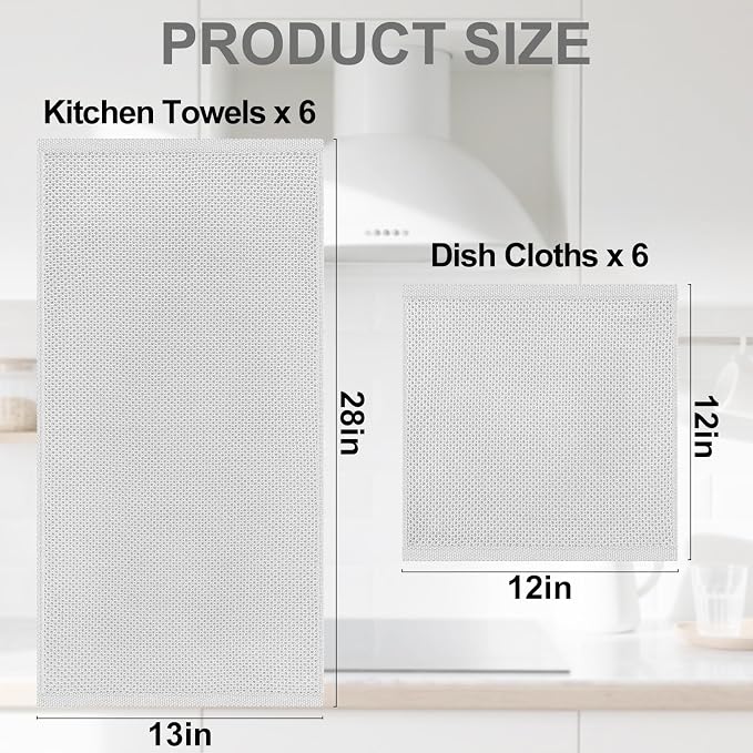 Homaxy 12 Pack 100% Cotton Kitchen Towels and Dishcloths Set, Light Gray | 12 x 12 Inches and 13 x 28 Inches Kitchen Towels Set, Ultra Soft Absorbent Dish Cloths for Washing Dishes - Image 4
