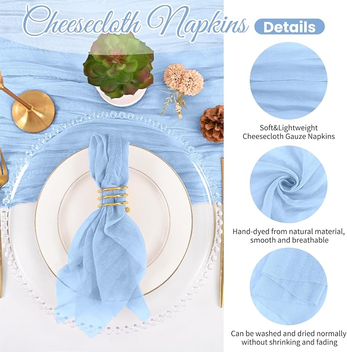 50 Pack Light Blue Napkins 20x20Inch Cheesecloth Napkins | Blue Elegant Cloth Napkins for Table, Washable Rustic Boho Gauze Napkins, for Wedding Party Bridal Baby Shower Dinner Decor - Image 3