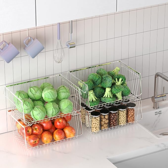 Wire Storage Baskets Stackable Large Metal Storage Organization, Pantry Storage Organizing Household Wire Baskets with Handles for Kitchen, Pantry, Bathroom, Cabinets, Bedrooms, Set of 2 - Image 2