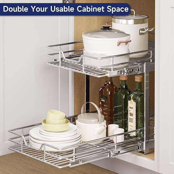 2-Tier Pull Out Cabinet Organizer, 14.5" W x 21.5" D, Heavy Duty Dual Slide Out Shelves for Base Cabinets, Chrome Wire Basket Drawer for Pantry, Kitchen & Bathroom Storage - Image 8