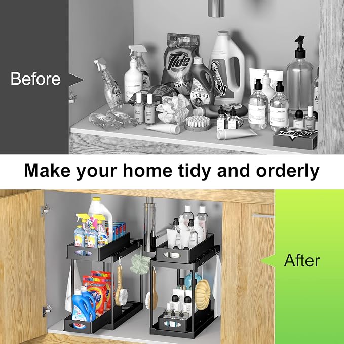 Under Sink Organizer and Storage, 2 Tier Under Sink Organizer with Sliding Pull Out Drawer for Kitchen Bathroom Cabinet Shelf Basket with 8 Hooks (2 Pack) - Image 7