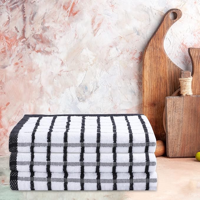 Urban Villa Kitchen Towels Black/White Set of 3 Terry Kitchen Towels 100% Cotton Ultra Soft Size 20X30 Inches Highly Absorbent Over Sized KitchenTowels with Hanging Loop KitchenTowels - Image 4