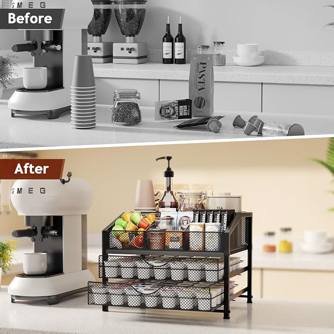 Coffee Bar Organizer - Coffee Station for Countertop, Metal and Wood K Cup holder Storage Basket for Syrup, Cups, Stirrer, Condiment, Tea Organizer, Black - Image 4